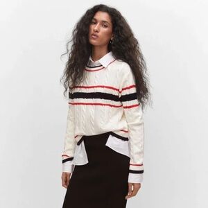 Mango cream stripe preppy cable knit crewneck sweater - Large NWOT
